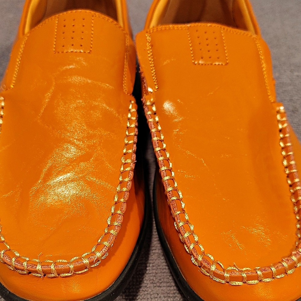Men's Orange Leather Slip-On Loafers Round Toe Stitched Rubber Sole US 10